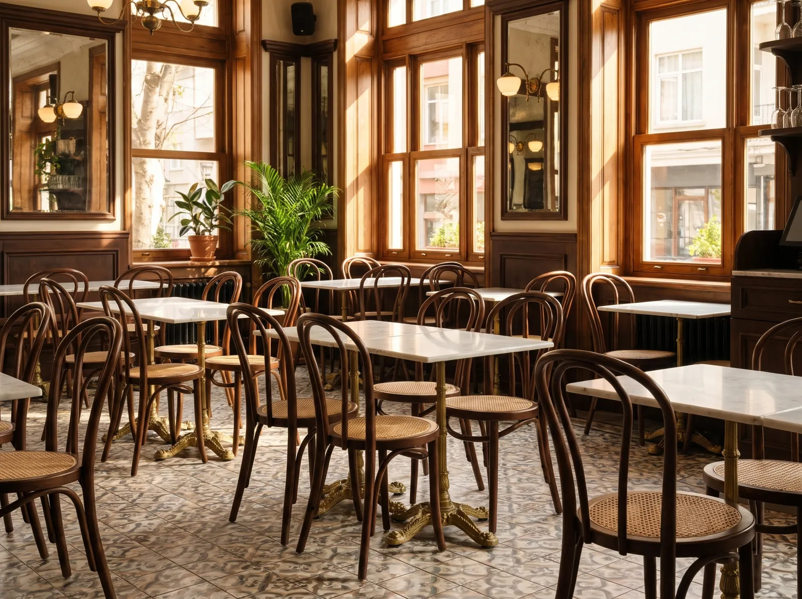 Mermer bistro masa çevresinde ceviz renkli bükme kayın ve hasır oturaklı kafe sandalyeleri